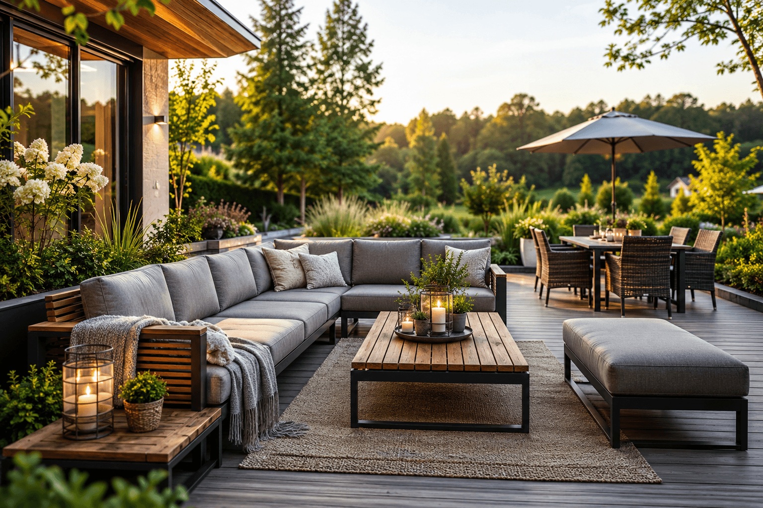 Wetterfeste Gartenmöbel auf moderner Terrasse mit Outdoor-Lounge und Beleuchtung