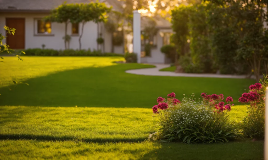Wunderschön angelegter Garten mit Blumenbeeten und Sitzplatz
Nahaufnahme einer blühenden Pflanze im gepflegten Garten