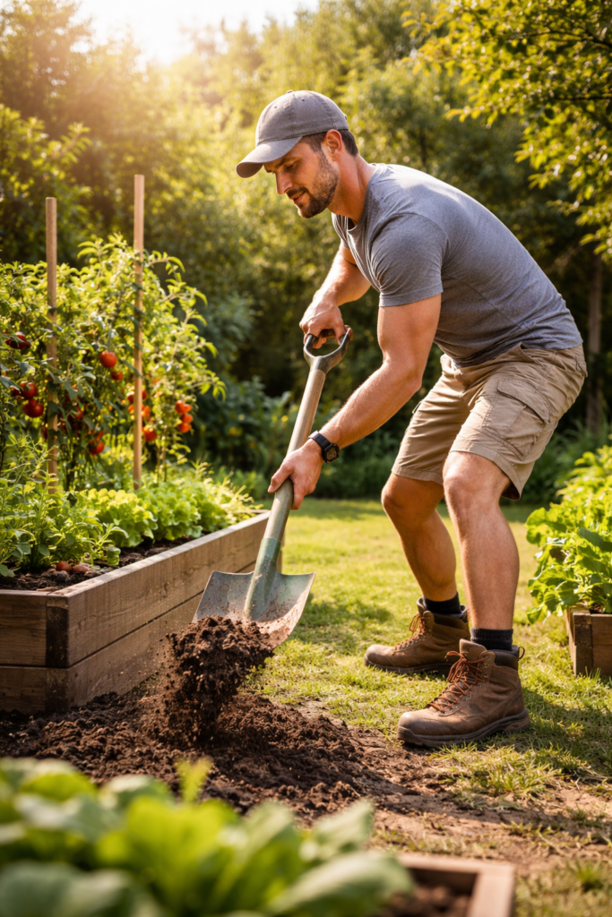 Eine Person bei der Gartenarbeit beim Heben von schweren Säcken als Symbol für Training.