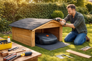 Ein Mann baut eine hölzerne Mähroboter Garage im Garten zum Schutz vor Sonne und Regen.