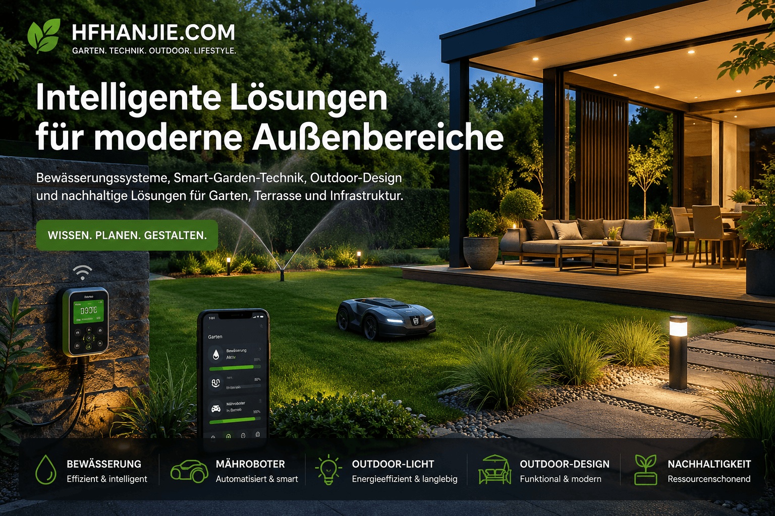 Moderner Garten mit Smart-Garden-Technik, automatischer Bewässerung und Mähroboter