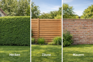 Vergleich verschiedener Sichtschutz-Arten: Grüne Hecke, Holzzaun und Steinmauer für den Garten.