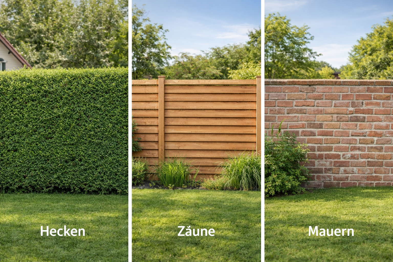 Vergleich verschiedener Sichtschutz-Arten: Grüne Hecke, Holzzaun und Steinmauer für den Garten.