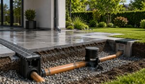 Moderne Außenanlage mit strukturierter Wasserführung und Entwässerungssystem