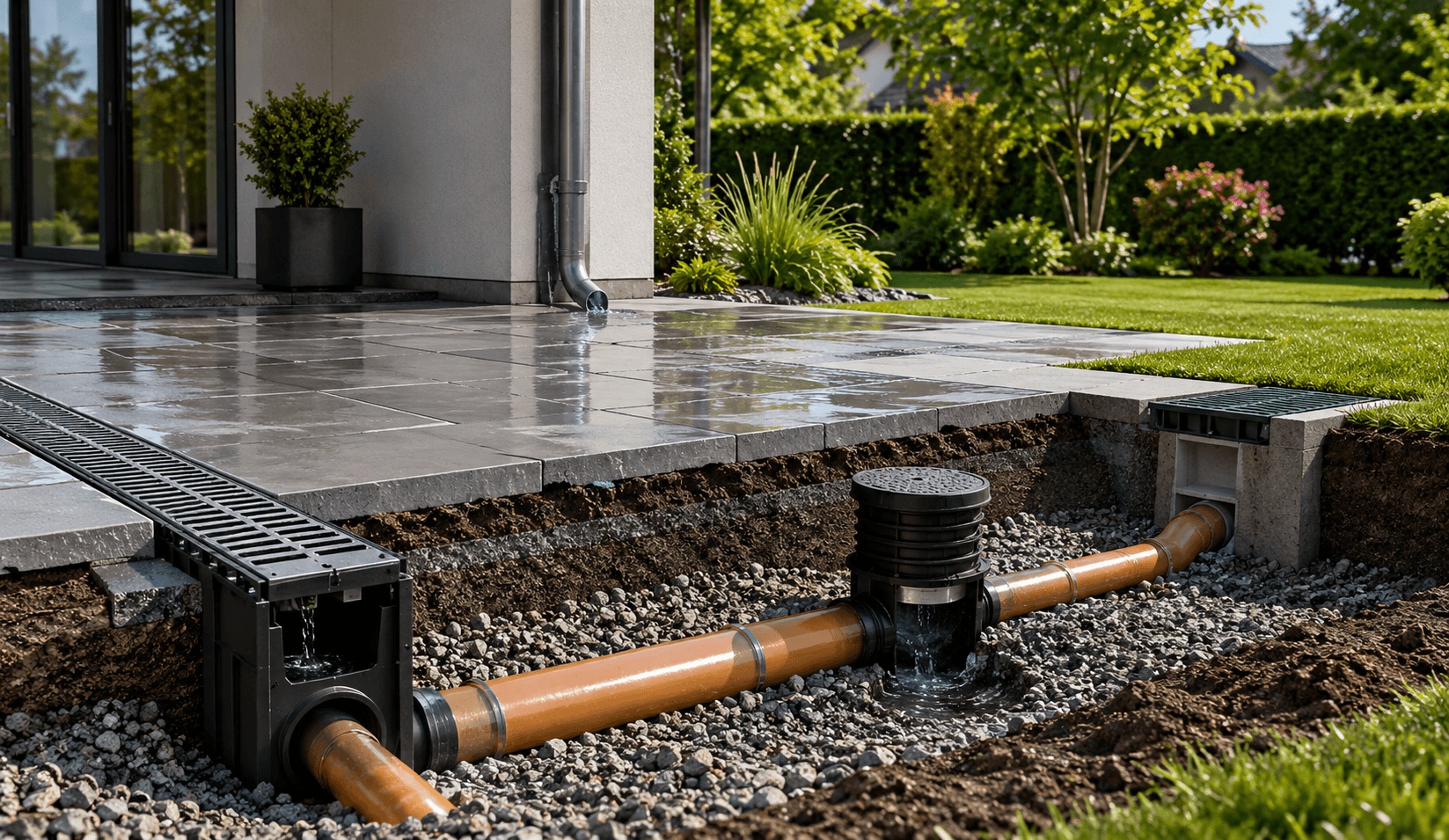 Moderne Außenanlage mit strukturierter Wasserführung und Entwässerungssystem