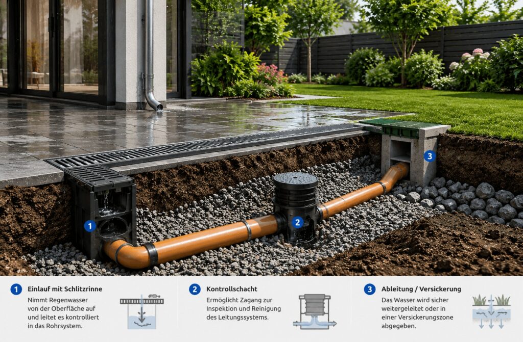 Schema einer modernen Außenanlage mit Entwässerungssystem, Rohrführung und kontrollierter Wasserableitung