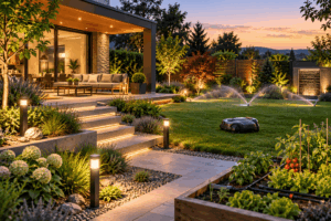 Modern gestalteter Garten mit beleuchteten Wegen, automatischer Bewässerung, Mähroboter und intelligenter Gartentechnik